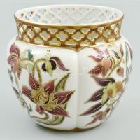 Zsolnay pillangó mintás áttört kaspó, jelzéssel, hibátlan, m: 10 cm, d: 11 cm