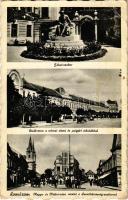 1942 Komárom, Komárnó; Jókai szobor, Deák utca, városi elemi és polgári iskola, Megye- és Nádor utca, Szentháromság szobor / statues, streets, schools (fa)