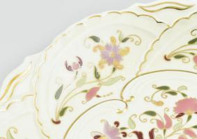 Zsolnay porcelán virágmintás falitál. Jelzett, hibátlan, kézzel festett, d: 30 cm