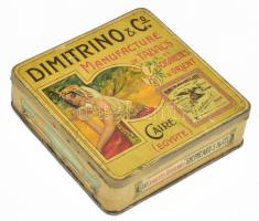 Dimitrino & Co. Caire (Egypte) dekoratív, litho mintával díszített cigarettás fémdoboz, 1910-1920 körül, némi kopással, 15x14,5x4,5 cm