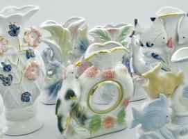 10 darab díszes porcelán váza, zömmel állatfigura díszítéssel, szép állapotban, jelzés nélkül, m: 14...