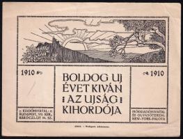 1910 Boldog Uj Évet kíván Az Ujság kihordója, szecessziós üdvözlőkártya, gyűrődéssel, 10,5x13,5 cm