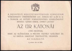 1937 Meghívó a Budapesti Kegyestanítórendi Gimnázium Vörösmarty Önképzőköre színielőadására, Emmet Lavery: Az úr katonái c. előadására.