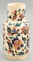 Antik Zsolnay stílusú mázas porcelánfajansz váza, formaszámokkal jelölve, repedezett mázzal és mázrepedéssel, m: 19 cm