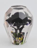 Muránói levélnehezék, tömör, belső színezett üveg virág díszítéssel, lapra csiszolt, jelzés nélkül, minimális kopottsággal, m: 10 cm