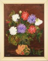 S. Iván János (?-): Virágok. Olaj, farost. Jelzett, a művész bélyegzőjével. Dekoratív, kissé sérült fakeretben, 80×60 cm