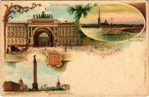 Saint Petersburg, Petrograd, Leningrad; L'arc de triomphe, La cathédrale Pierre & Paul, Le colonne d'Alexandre I. / Narva Triumphal Arch, Saints Peter and Paul Cathedral, Alexander Column. E.A. Schwedtfeger & Co. Art Nouveau, floral, litho (EK)