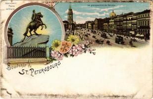 Saint Petersburg, Petrograd, Leningrad; Monument Pierre le Grand, Le perspective de Nevsky / Peter the Great statue, Nevsky Avenue. Louis Glaser Art Nouveau, floral, litho (EK)