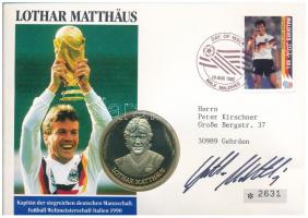 Németország 1992. Lothar Matthäus fém emlékérem, sorszámozott érmés bélyeges boríték elsőnapi bélyegzővel T:PP fo., patina Germany 1992. Lothar Matthäus metal medallion, numbered coin letter with stamp and cancellation C:PP spotted, patina