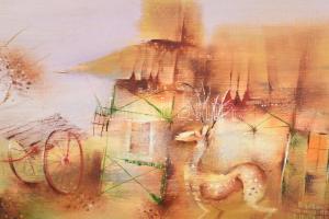 Várkonyi János (1947-): Vadászház. Olaj, farost. Jelzett, a hátoldalán autográf felirattal. Dekoratí...