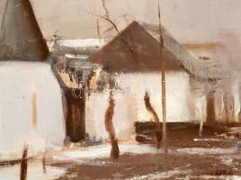 Fejér Csaba (1936-2002): Faluvége. Olaj, farost, jelzett, hátoldalán Képcsarnok Vállalat címkéivel. ...