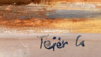 Fejér Csaba (1936-2002): Faluvége. Olaj, farost, jelzett, hátoldalán Képcsarnok Vállalat címkéivel. ...