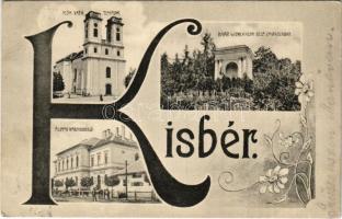 1908 Kisbér, Római katolikus templom, állami Nagyvendéglő, Báró Wenckheim Béla emlékszobra, mozaiklap, Art Nouveau, floral. Haftl Kálmán kiadása (fl)