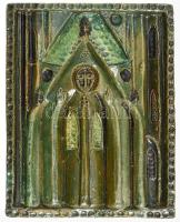 cca 1900 zöld mázas kályhacsempe, templom mintázattal, kis kopással, 27x22 cm