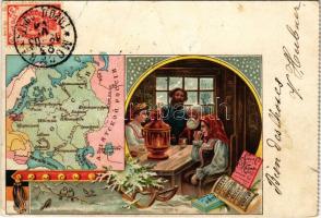 1903 Russia. Art Nouveau map and folklore with samover, litho. TCV card (fa)
