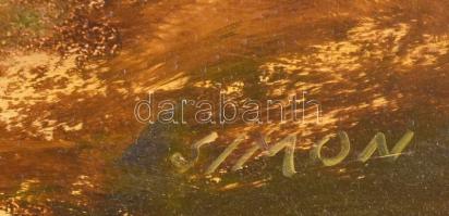 Simon János (1945-): Öböl. Olaj, farost, jelzett, hátoldalán autográf felirattal, fakeretben, 30×60 ...