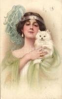 Lady with cat litho