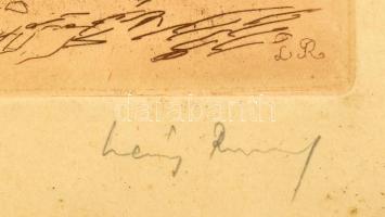 Láng Rudolf (1904-1991). Kutyasétáltatás. Rézkarc, papír, jelzett, foltos, üvegezett fakeretben, 29×...