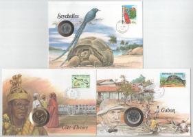 5db-os érmés boríték tétel, mind különféle és német nyelvű tájékoztatóval, benne: Seychelles-szigetek, Elefántcsontpart, Gabon, Skócia, Kamerun