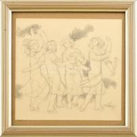B. Séday Mária (1925-2009): Négy táncoló hölgy. Ceruza, papír, jelzett. Üvegezett fakeretben. 20×20 cm