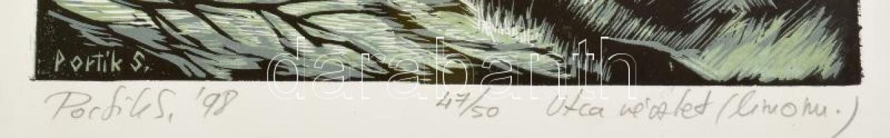 Portik Sándor (1959-): Utca részlet. Linómetszet, papír ,jelzett, sorszámozott 47/50. Dekoratív fake...