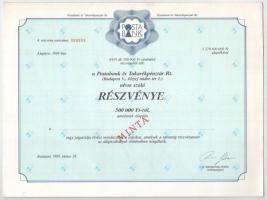 Budapest 1988. "Postabank és Takarékpénztár Rt." részvénye 500.000Ft-ról, "MINTA" felülbélyegzéssel és "0000000"-ás sorszámmal, szelvényekkel T:I-