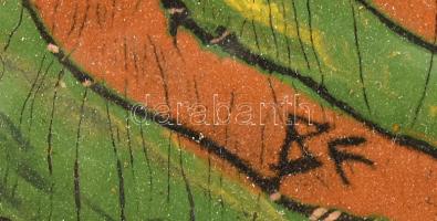 BE jelzéssel: Írisz. Tűzzománc, rézlemez, jelzett, fakeretben, 15×10 cm