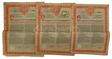 1914 Budapest "Budapest Székesfőváros" 4 1/2%-os kötelezvény bemutatóra 480K-ról, magyar és német nyelven, szárazpecséttel, felülbélyegzésekkel, szelvényekkel, vízjeles papíron (3x) T:F