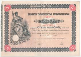 Budapest 1926. Belvárosi Takarékpénztár Részvénytársaság öt részvénye egyben 250P-ről (2x), szárazpecséttel és szelvényekkel T:VF