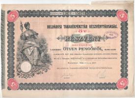 Budapest 1926. Belvárosi Takarékpénztár Részvénytársaság öt részvénye egyben 250P-ről (2x), szárazpecséttel és szelvényekkel T:VF