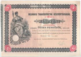 1926. Budapest "Belvárosi Takarékpénztár Részvénytársaság" öt részvénye egyben 250P-ről (2x), sorszámkövetők, szárazpecséttel és szelvényekkel T:VF