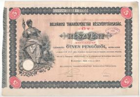 Budapest 1926. "Belvárosi Takarékpénztár Részvénytársaság" öt részvénye egyben 250P-ről (2x), szárazpecséttel és szelvényekkel T:VF