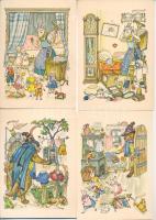 A farkas és a hét kis gida - 6 db régi Indanthren reklám képeslap, Koser Michaels szignóval / 6 pre-1945 Indanthren textile paint advertisement postcards signed by Koser-Michaels
