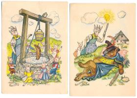 A farkas és a hét kis gida - 6 db régi Indanthren reklám képeslap, Koser Michaels szignóval / 6 pre-...