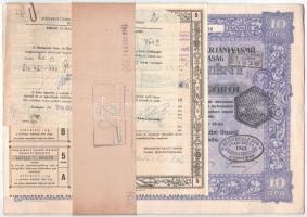 Budapest 1925. "Rimamurány-Salgó-Tarjáni Vasmű Részvény-Társaság" tíz részvénye egyenként 50P-ről, összesen 500P-ről (2x) sorszámkövetők, szárazpecséttel és bélyegzésekkel, szelvényekkel, mellette a "Budapesti Giro- és Pénztár-egylet Részvénytársaság" igazolása + 1946. "A Rimamurány-Salgó-Tarjáni Vasmű Részvénytársaság" részvény utalványa, kötegelővel T:VF