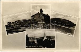 1932 Badacsonytomaj, Kőzúzó malom, Hősök szobra, látkép, Római katolikus templom és iskola, sodronykötélpálya