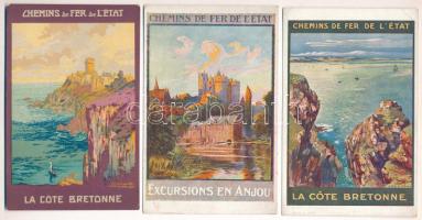 3 db RÉGI francia állami vasúti turisztikai reklám képeslap / 3 pre-1945 French State Railways (Chemins de Fer de l'État) tourism advertisement postcards