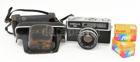 Olympus 35 LC fényképezőgép, G. Zuiko Auto-W 42mm f/1,7 objektívvel jó állapotban, sérült bőr tokkal, hozzá két használatlan tekercs film