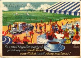 1937 Franck kávépótlóval ízesített Kneipp malátakávé reklám. Franck Henrik Fiai Rt. hangszórós reklámautója, Klösz Coloroffset / Hungarian malt coffee advertisement s: Gebhardt (fa)