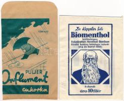 2 db régi patikai papírtasak: Dr. Keppler féle Biomenthol és Puljer Influment cukorka