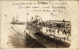 1915 Pola, Pula; Osztrák-Magyar Haditengerészet csatahajói matrózokkal / WWI Austro-Hungarian Navy, K.u.K. Kriegsmarine, battleships with mariners. photo (fl)