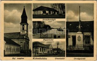 1944 Kiskunlacháza, Református templom, Strandvendéglő, Duna, utca, országzászló (EB)