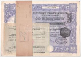 Budapest 1925. "Rimamurány-Salgó-Tarjáni Vasmű Részvény-Társaság" tíz részvénye egyenként 50P-ről, összesen 500P-ről, szárazpecséttel és bélyegzésekkel, szelvényekkel, mellette a "Budapesti Giro- és Pénztár-egylet Részvénytársaság" igazolása, kötegelővel T:VF