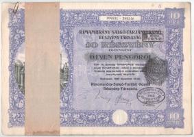 Budapest 1925. "Rimamurány-Salgó-Tarjáni Vasmű Részvény-Társaság" tíz részvénye egyenként 50P-ről, összesen 500P-ről (sorszámkövetők), szárazpecséttel és bélyegzésekkel, szelvényekkel, kötegelővel T:VF