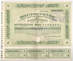 Budapest 1946. "Pesti Magyar Kereskedelmi Bank" részvényutalvány 5 részvényről egyben, összesen 250P-ről, szárazpecséttel, bélyegzéssel, szelvényekkel T:VF