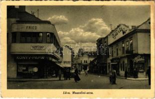 1940 Léva, Levice; Mussolini utca, Fried, Hatscher, Kürti, Hajdú, Deutsch üzlete, Bázlik Mihály fogműterme, patika, gyógyszertár, kerékpár. Hajdú foto / street view, shops, pharmacy, bicycle (EK)