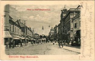1900 Nagykanizsa, Fő tér a felső templommal, Kohn és Lichtschein üzlete. Ifj Wajdits József kiadása (EK)