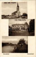 1936 Dunakiliti, Kiliti (Moson); Római katolikus templom, Gróf Pálffy kastély, Duna részlet hajómalommal. Mayer Ferenc kiadása / Danube river and floating boat (ship) mill (EK)