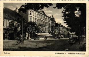 1942 Sopron, Várkerület, Pannónia szálloda, automobil, kerékpár, üzletek (EK)
