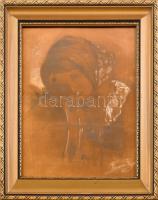 Basch Gyula (1851 - 1928) Lányka dobbal. Vegyes technika, papír, Üvegezett keretben 42x33 cm